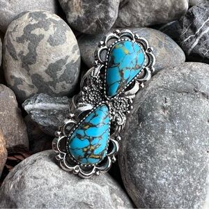 Faux Turquoise Double Teardrop Silver Tone Statement Ring